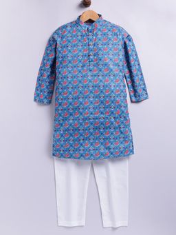 TABARD - Blue Cotton Knit Full Sleeves All Over Printed Kurta with Pyjama