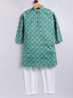 TABARD - Green Cotton Knit Full Sleeves All Over Printed Kurta with Pyjama