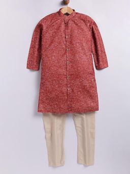 TABARD - Rust Cotton Knit Full Sleeves All Over Printed Kurta with Pyjama