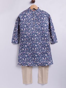 TABARD - Blue Cotton Knit Full Sleeves All Over Printed Floral Kurta with Pyjama
