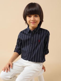 U.S. POLO ASSN. - Navy Blue Boys Vertical Striped Twill Shirt