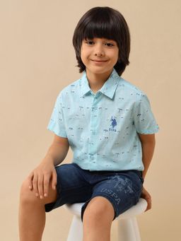 U.S. POLO ASSN. - Blue Boys Conversational Brand Printed Shirt