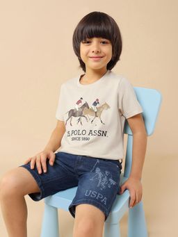 U.S. POLO ASSN. - Beige Boys Brand Printed Regular Fit T-Shirt