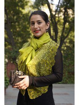 MAULI CASHMERE - Green Jewelled Affair Embroidered Fine Merino Wool Stole