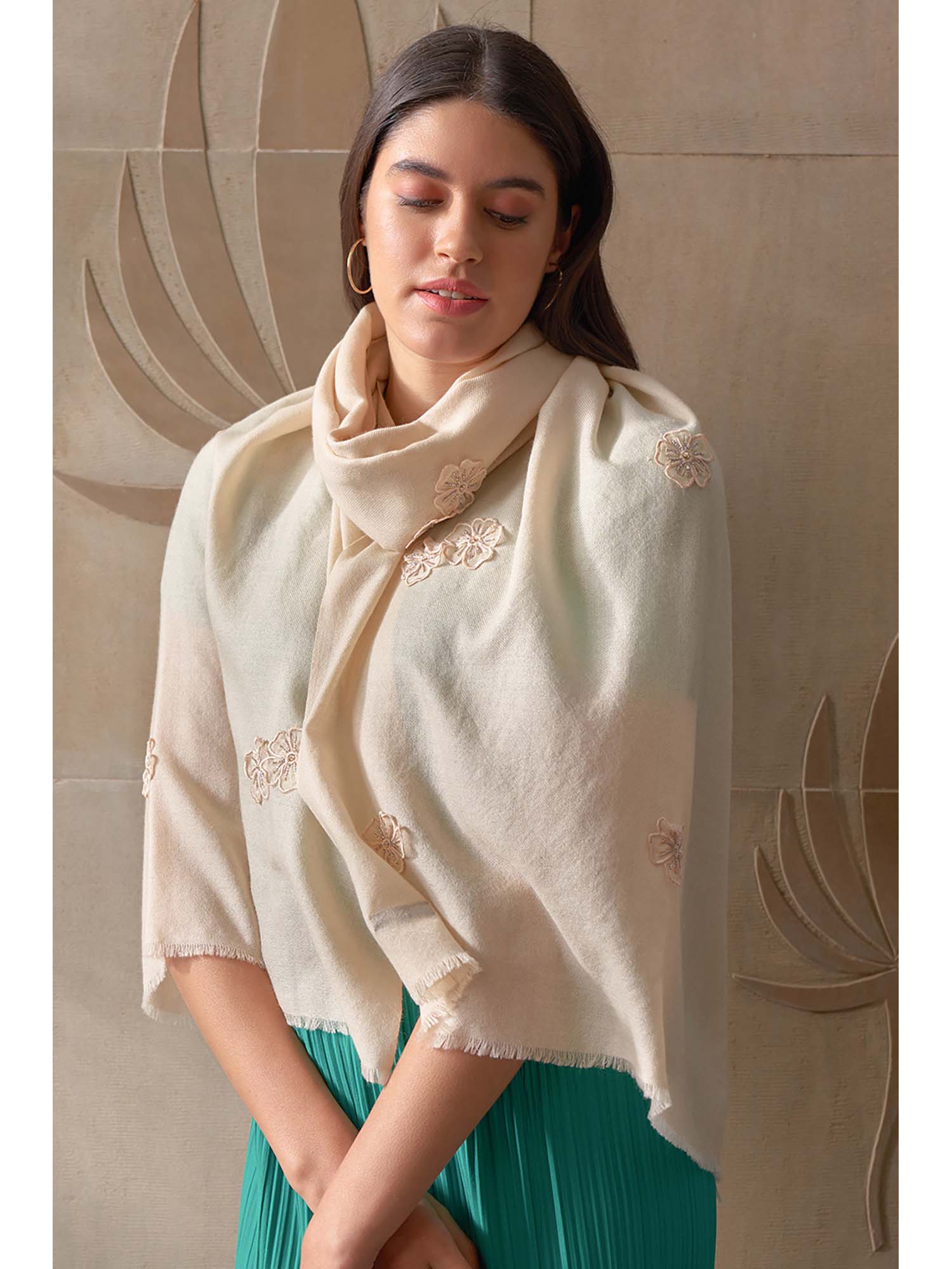 mauli cashmere Cream Flower Shower Embellished Wool Silk Stole-picture-19
