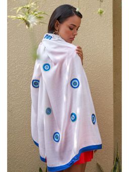 MAULI CASHMERE - White The Evil Eye Embroidered Wool Silk Stole