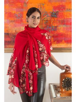 MAULI CASHMERE - Red Cherry Blossom Flounce Embroidered Wool Silk Stole