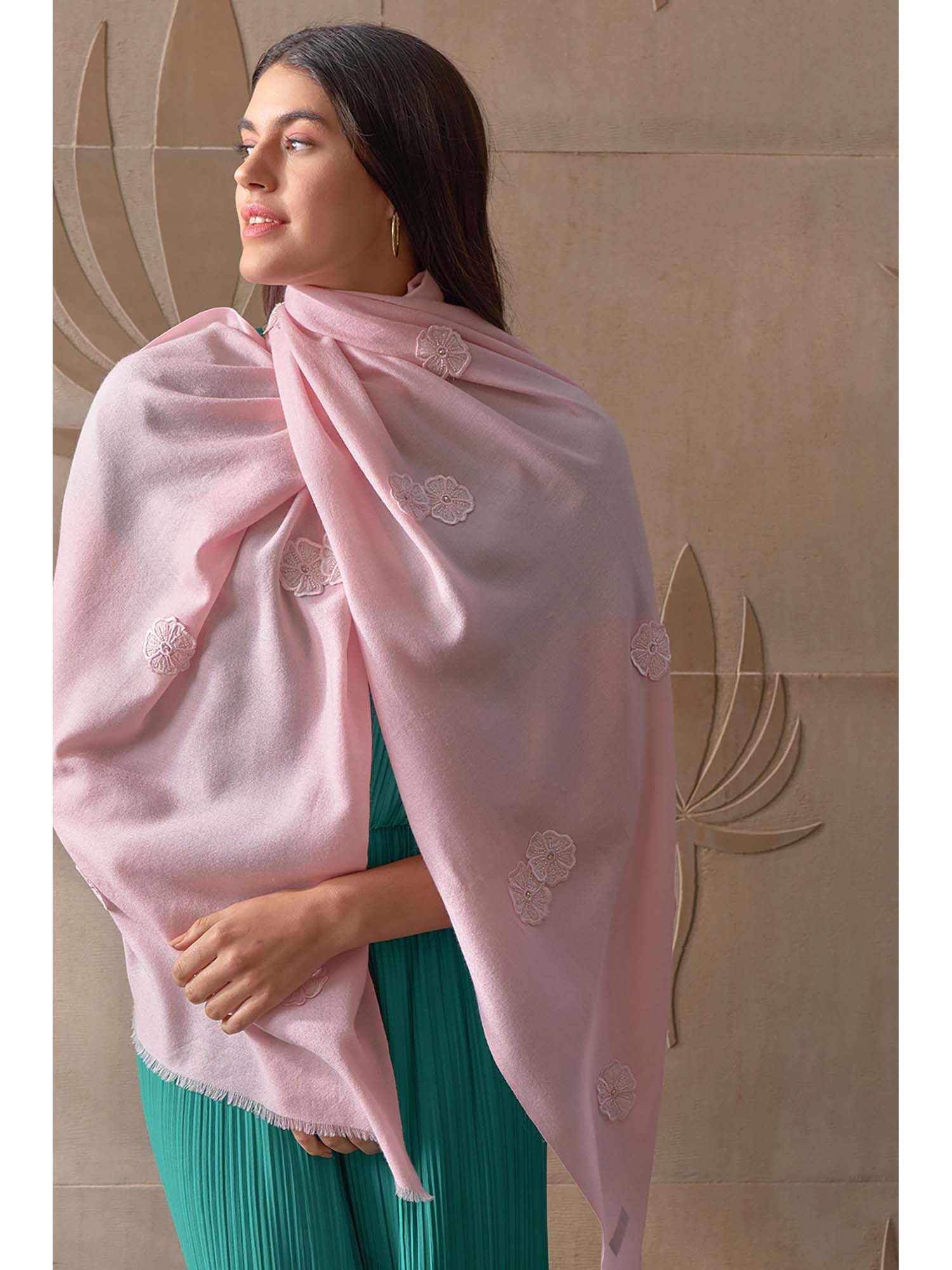 mauli cashmere Pink Flower Shower Embellished Wool Silk Stole-picture-28