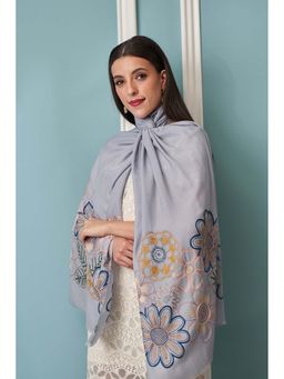 MAULI CASHMERE - Grey Floral Bliss Embroidered Fine Merino Wool Stole