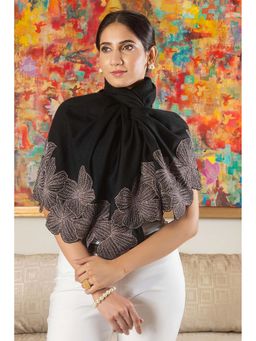 MAULI CASHMERE - Black Kashmiri Bloom Embellished Hand-Embroidered Floral Stole