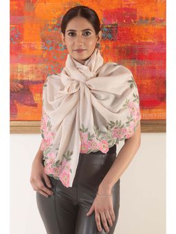 MAULI CASHMERE - Floral Inset Embroidered Fine Merino Wool Stole