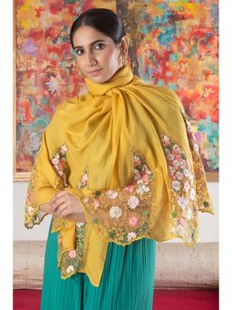 MAULI CASHMERE - Yellow Cherry Blossom Flounce Embroidered Wool Silk Stole