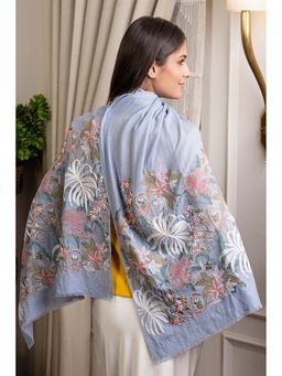 MAULI CASHMERE - Blue Jungle Dream Embroidered Wool Silk Stole