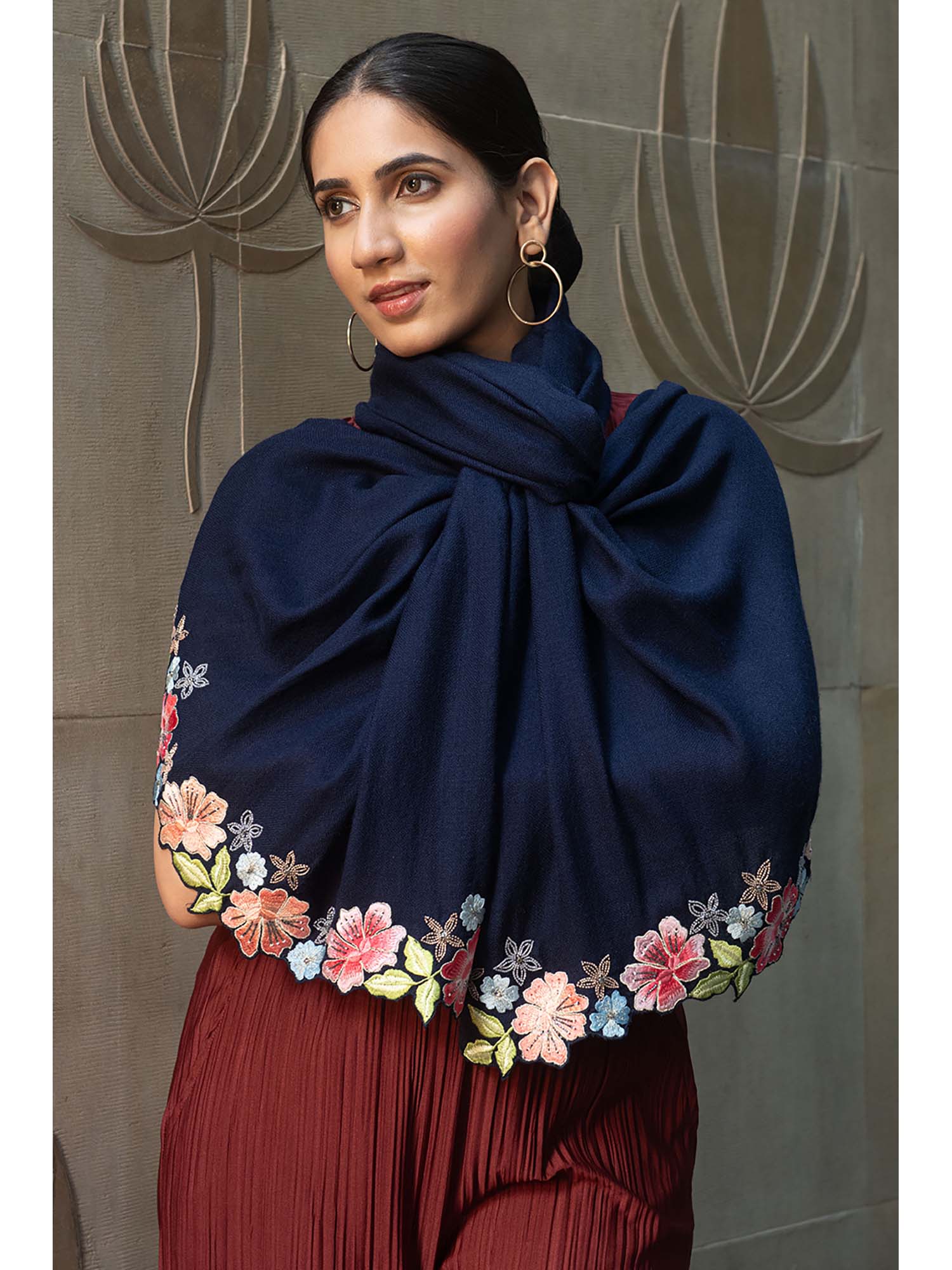 mauli cashmere Blue Floral Magic 2 Side Embellished Stole-picture-33