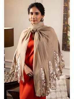 MAULI CASHMERE - Beige Cherry Blossom Flounce Embroidered Wool Silk Stole