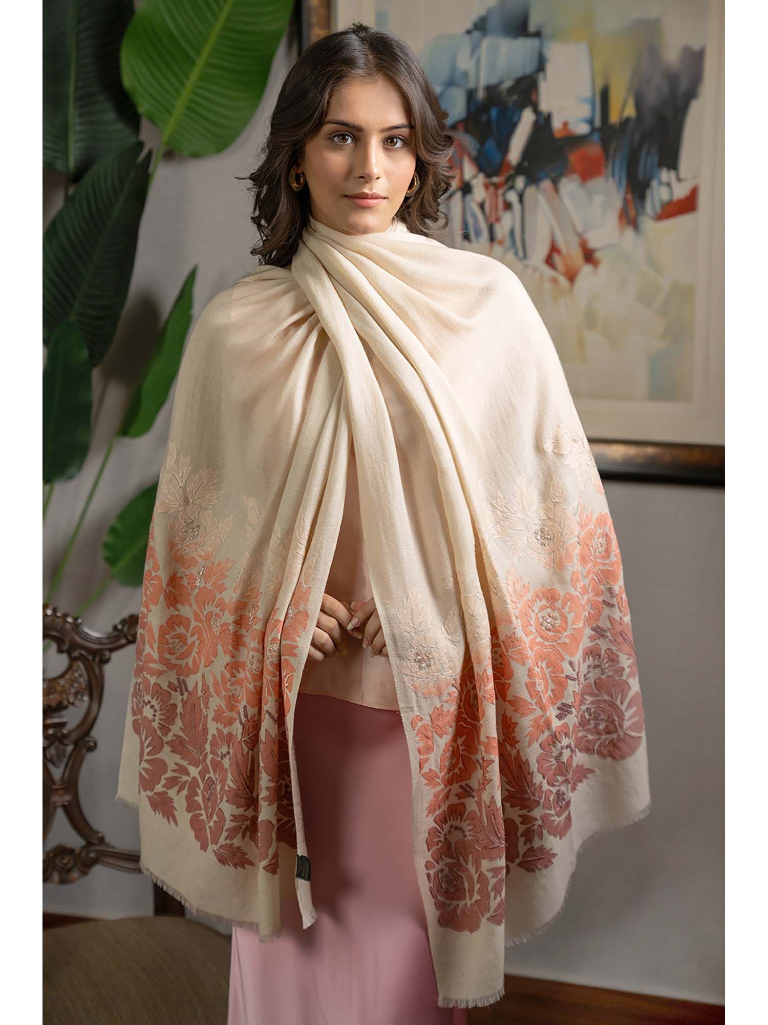 mauli cashmere Hand-Embroidered Floral Wool Silk Stole-picture-17