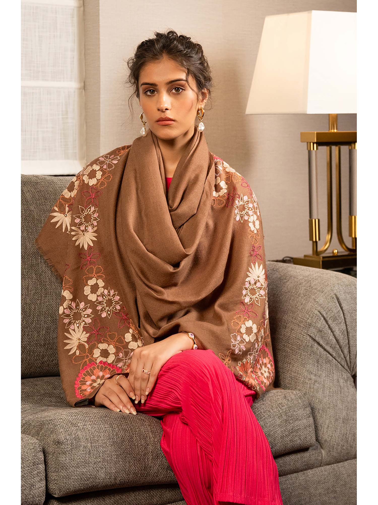 mauli cashmere Brown Spring Bouquet Embroidered Wool Silk Stole-picture-22