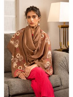 MAULI CASHMERE - Brown Spring Bouquet Embroidered Wool Silk Stole
