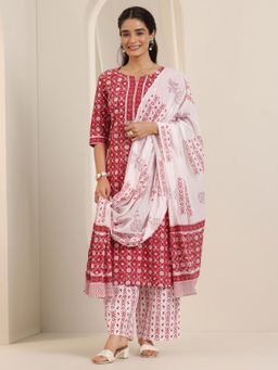 Libas - Red Floral Printed Straight Kurta and Palazzo with Dupatta (Set of 3)