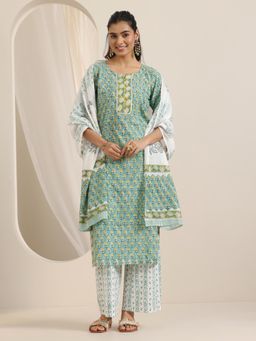 Libas - Green Floral Printed Straight Kurta and Palazzo with Dupatta (Set of 3)
