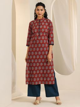 Libas - Rust Ajrakh Floral Printed Straight Kurta with Palazzo (Set of 2)