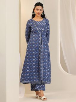 Libas - Navy Blue Floral Printed Sleeveless Kurta with Jacket and Pant (Set of 3)