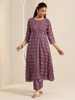 Libas - Mauve Floral Printed Sleeveless Kurta with Jacket and Pant (Set of 3)