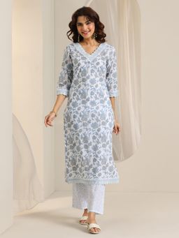 Libas - Blue and White Floral Printed Straight Kurta with Pant (Set of 2)