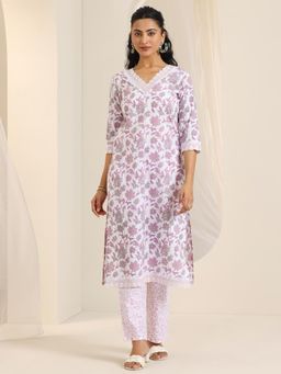 Libas - Pink and White Floral Printed Straight Kurta with Pant (Set of 2)