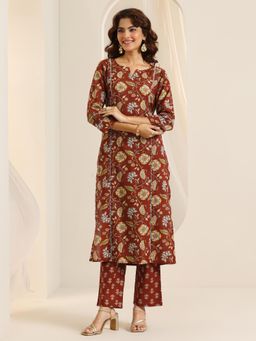 Libas - Rust Floral Printed Straight Kurta with Pant (Set of 2)