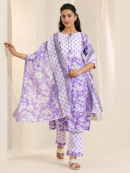 Libas - Purple Floral Printed Straight Kurta with Pant and Dupatta (Set of 3)
