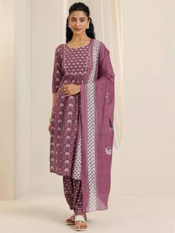 Libas - Mauve Floral Printed Kurta with Salwar and Dupatta (Set of 3)