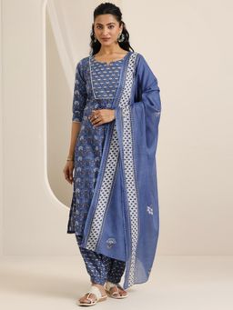 Libas - Navy Blue Floral Printed Kurta with Salwar and Dupatta (Set of 3)