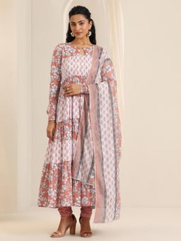 Libas - Peach Floral Printed Anarkali Kurta with Churidar and Dupatta (Set of 3)