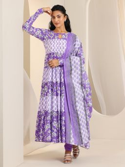Libas - Purple Floral Printed Anarkali Kurta with Churidar and Dupatta (Set of 3)