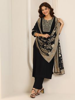 Libas - Black Floral Embroidered Straight Kurta with Pant and Dupatta (Set of 3)