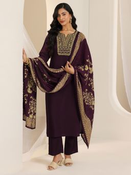 Libas - Wine Floral Embroidered Straight Kurta with Pant and Dupatta (Set of 3)
