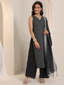 Libas - Black Printed High-Slit Kurta with Palazzo and Woven Dupatta (Set of 3)