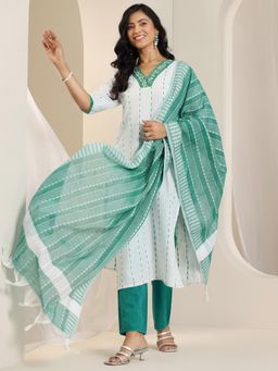 Libas - Green-White Woven Embroidered Kurta with Pant and Dupatta (Set of 3)