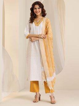Libas - Mustard-White Woven Embroidered Kurta with Pant and Dupatta (Set of 3)