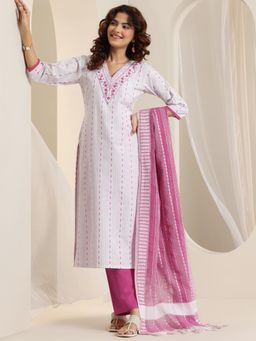 Libas - Pink-White Woven Embroidered Kurta with Pant and Dupatta (Set of 3)