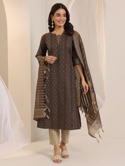 Libas - Brown Woven Straight Kurta with Pant and Dupatta (Set of 3)