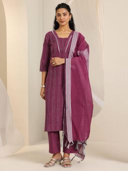 Libas - Wine Woven Design Straight Kurta with Pant and Dupatta (Set of 3)