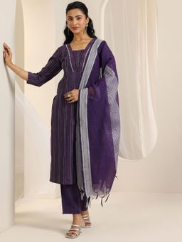 Libas - Purple Woven Design Straight Kurta with Pant and Dupatta (Set of 3)