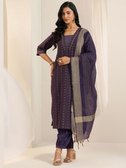 Libas - Purple Woven Straight Kurta with Salwar and Dupatta (Set of 3)