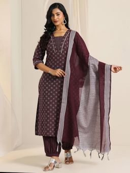 Libas - Maroon Woven Straight Kurta with Salwar and Dupatta (Set of 3)