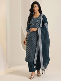 Libas - Teal Woven Straight Kurta with Salwar and Dupatta (Set of 3)
