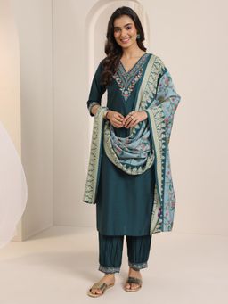 Libas - Teal Floral Embroidered Straight Kurta with Salwar and Dupatta (Set of 3)