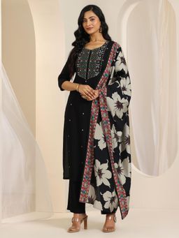 Libas - Black Floral Embroidered Straight Kurta with Pant and Dupatta (Set of 3)