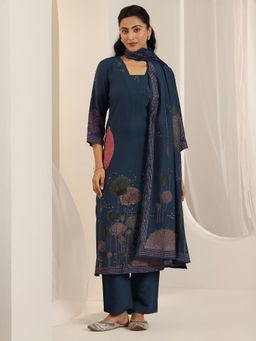 Libas - Navy Blue Floral Printed Straight Kurta with Pant and Dupatta (Set of 3)